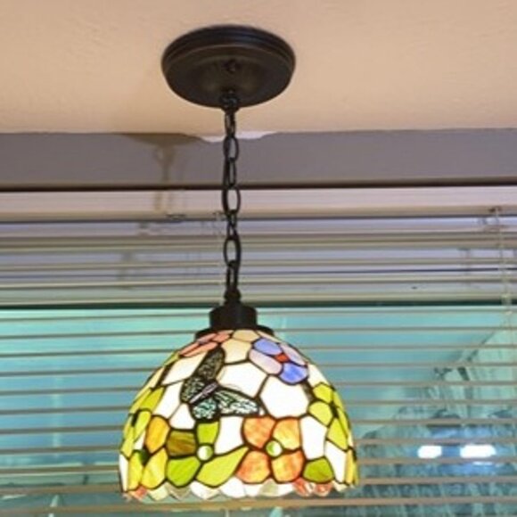 NEW Small Tiffany Pendant Light Plug in Stained Glass Swag Lamp 8X8X181" Hanging - Picture 4 of 7
